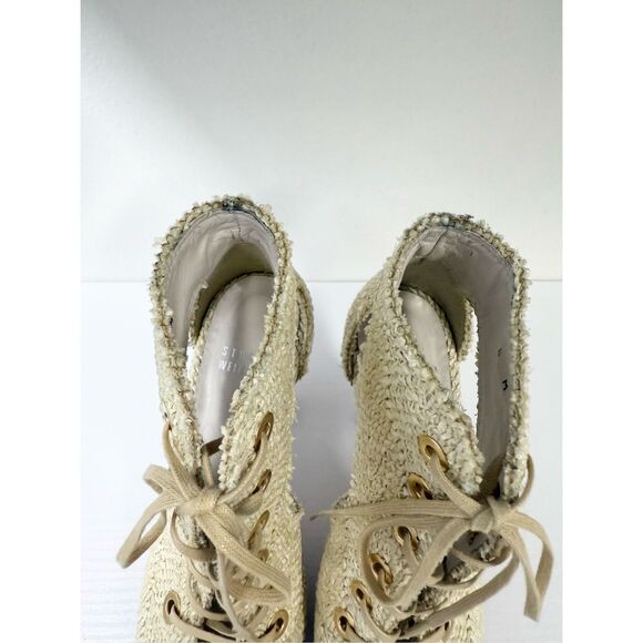Stuart Weitzman Woven Gladiator Lace Up Sandals Heels Textured Cutout Ivory 6 - Picture 4 of 7